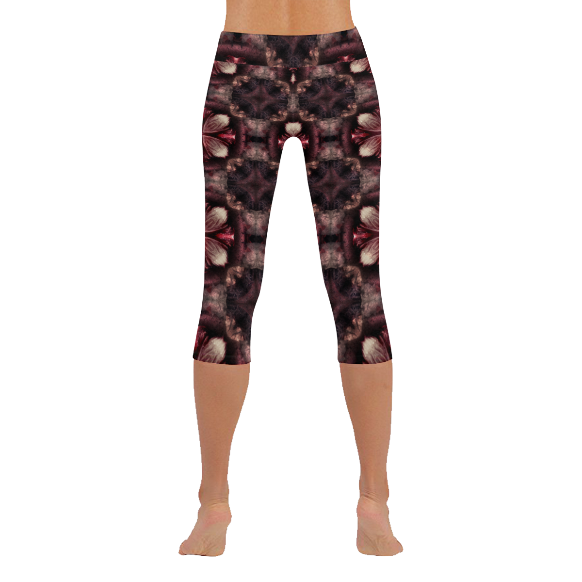 burgundy fractal tile capri Women's Low Rise Capri Leggings (Invisible Stitch) (Model L08)