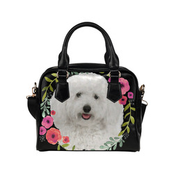 Cute White Puppy Pink Floral Garland Shoulder Handbag (Model 1634)