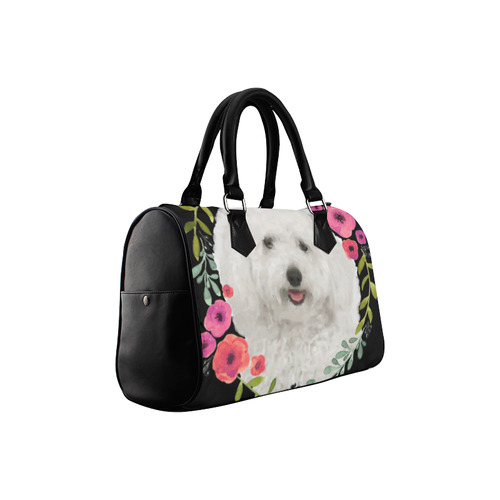 Cute White Puppy Pink Floral Garland Boston Handbag (Model 1621)