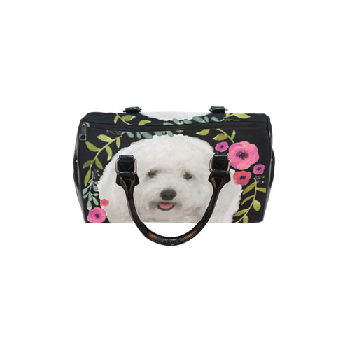 Cute White Puppy Pink Floral Garland Boston Handbag (Model 1621)