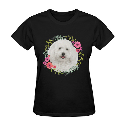 Cute White Puppy Pink Floral Garland Sunny Women's T-shirt (Model T05)