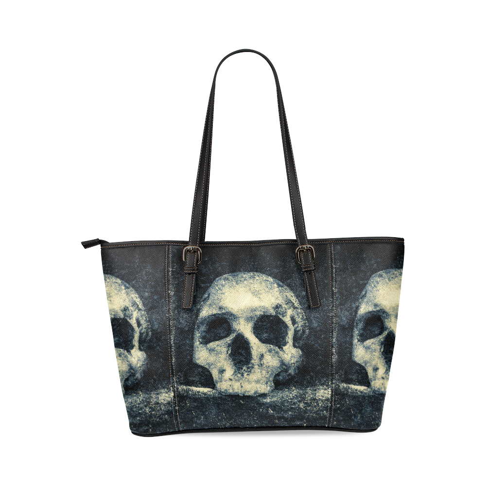 Man Skull In A Savage Temple Halloween Horror Leather Tote Bag/Large (Model 1640)