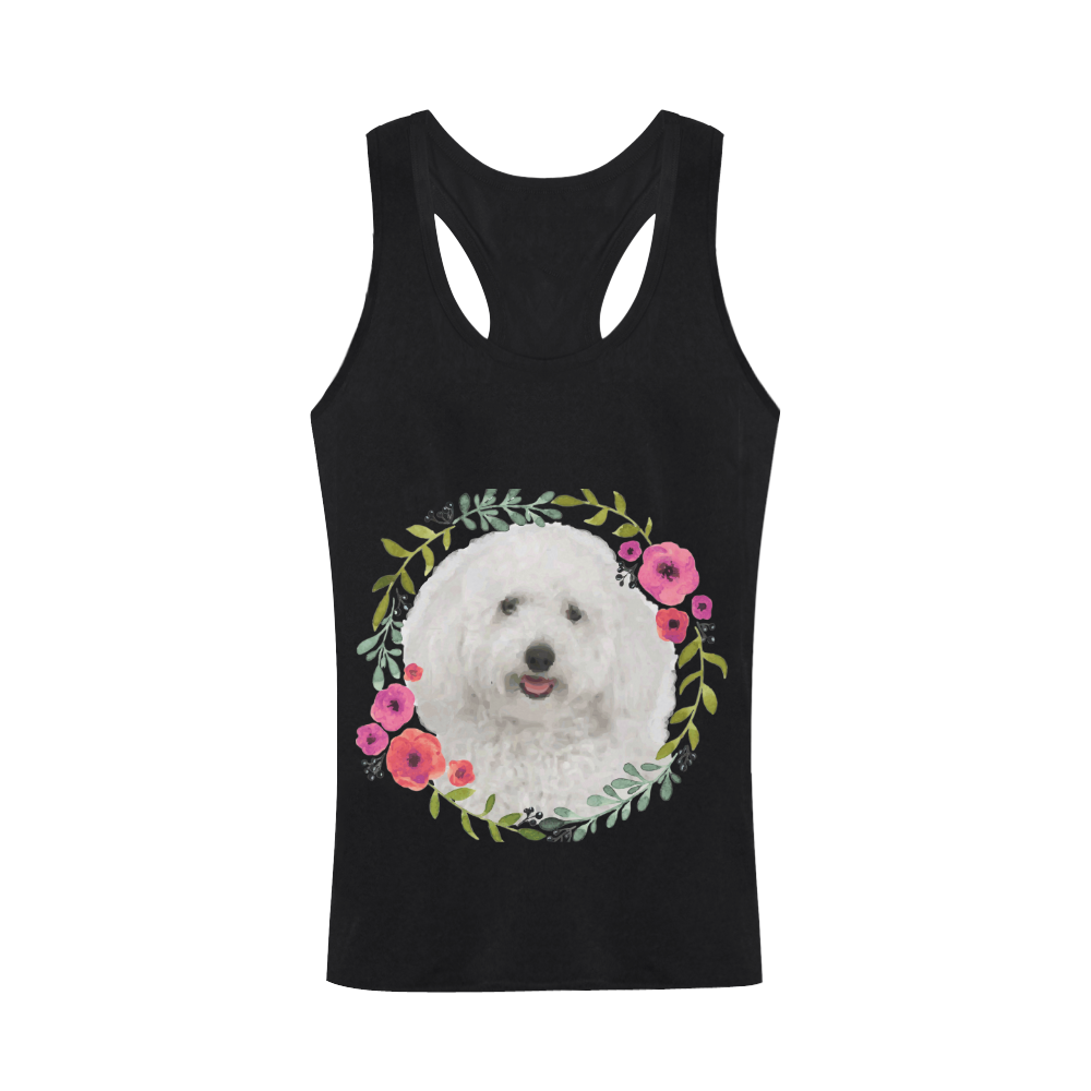 Cute White Puppy Pink Floral Garland Plus-size Men's I-shaped Tank Top (Model T32)