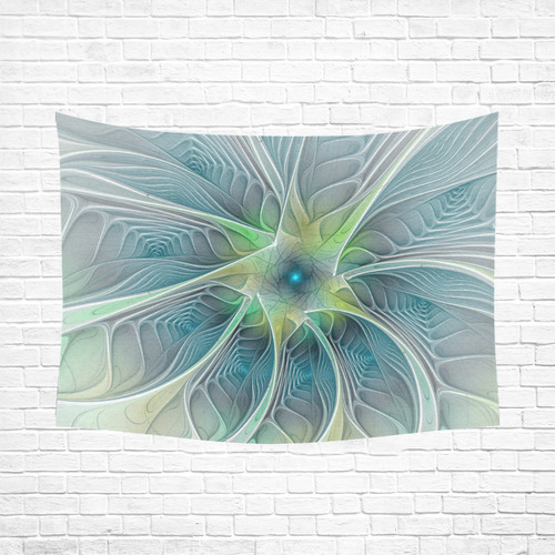 Floral Fantasy Abstract Blue Green Fractal Flower Cotton Linen Wall Tapestry 80"x 60"