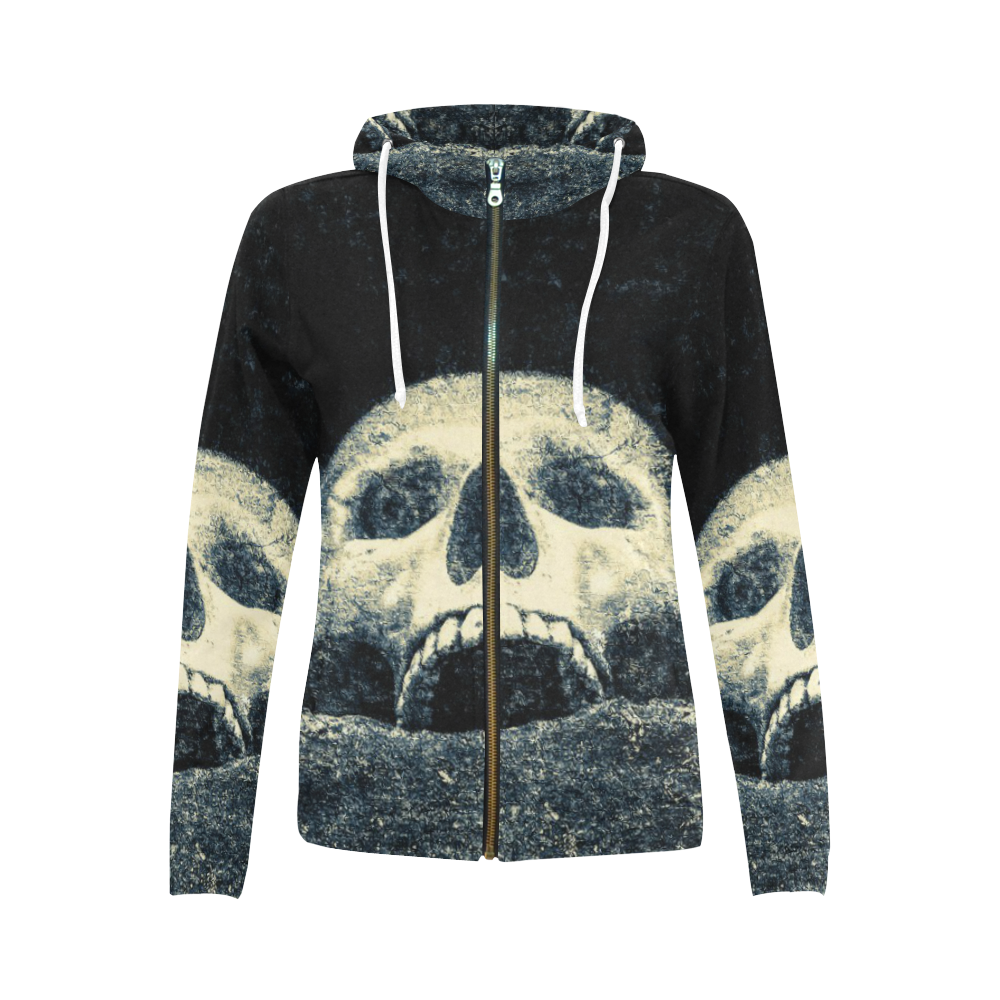 White Human Skull In A Pagan Shrine Halloween Cool All Over Print Full Zip Hoodie for Women (Model H14)
