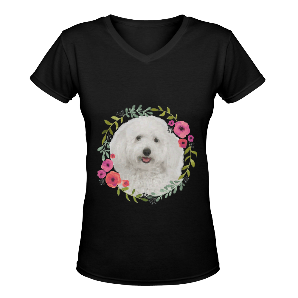 Cute White Puppy Pink Floral Garland Women's Deep V-neck T-shirt (Model T19)