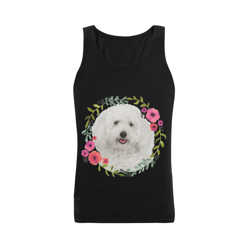 Cute White Puppy Pink Floral Garland Men's Shoulder-Free Tank Top (Model T33)