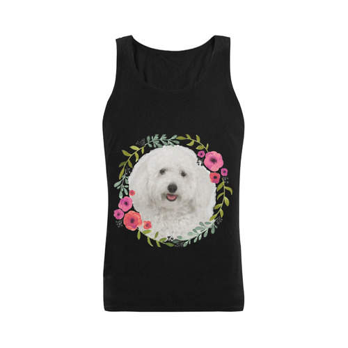 Cute White Puppy Pink Floral Garland Men's Shoulder-Free Tank Top (Model T33)