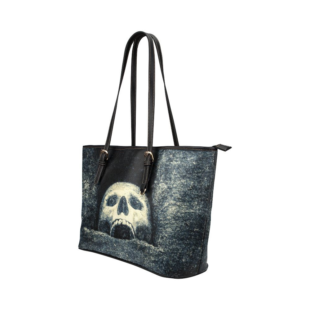 White Human Skull In A Pagan Shrine Halloween Cool Leather Tote Bag/Large (Model 1651)
