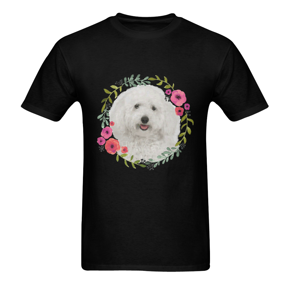 Cute White Puppy Pink Floral Garland Men's T-Shirt in USA Size (Two Sides Printing)