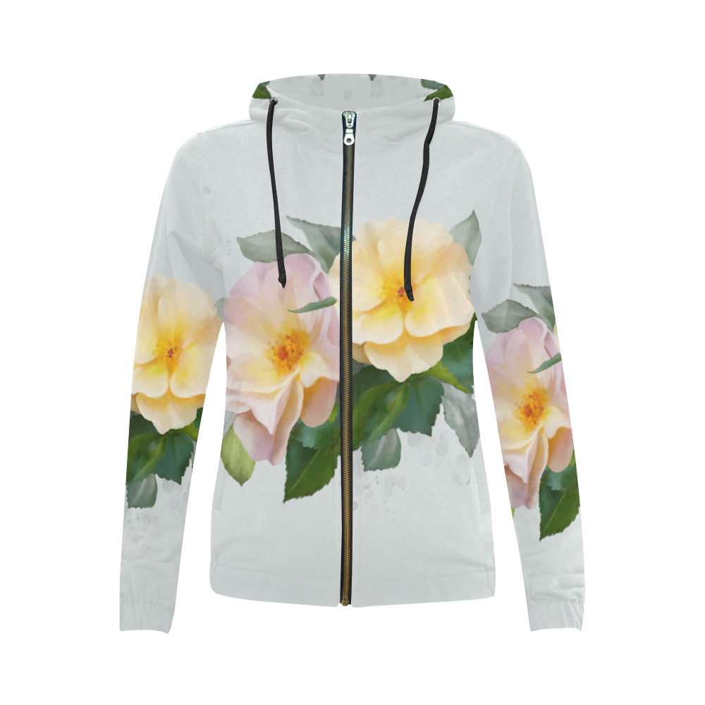 Wild Roses, floral watercolor All Over Print Full Zip Hoodie for Women (Model H14)