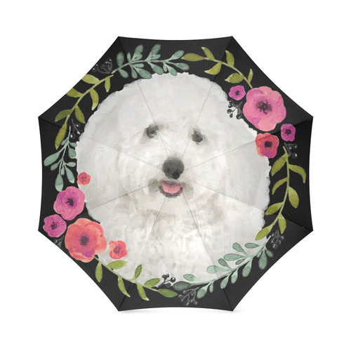 Cute White Puppy Pink Floral Garland Foldable Umbrella (Model U01)