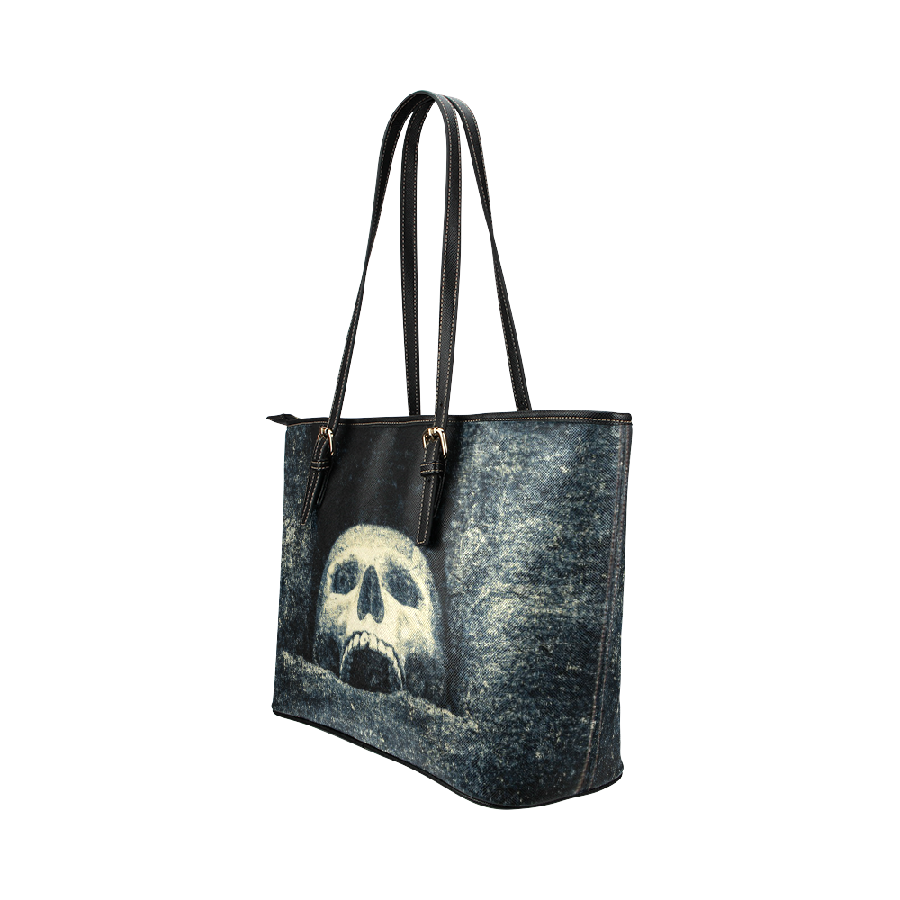 White Human Skull In A Pagan Shrine Halloween Cool Leather Tote Bag/Small (Model 1651)