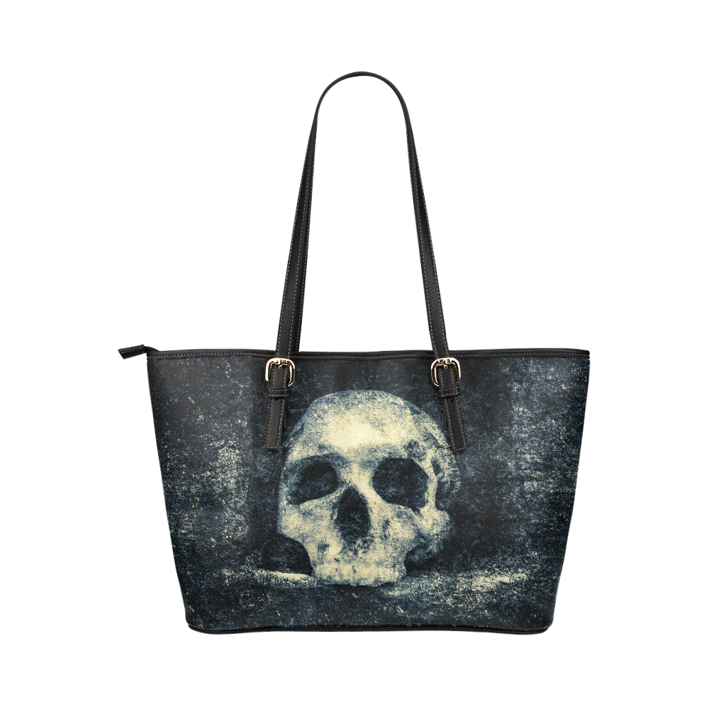 Man Skull In A Savage Temple Halloween Horror Leather Tote Bag/Large (Model 1651)