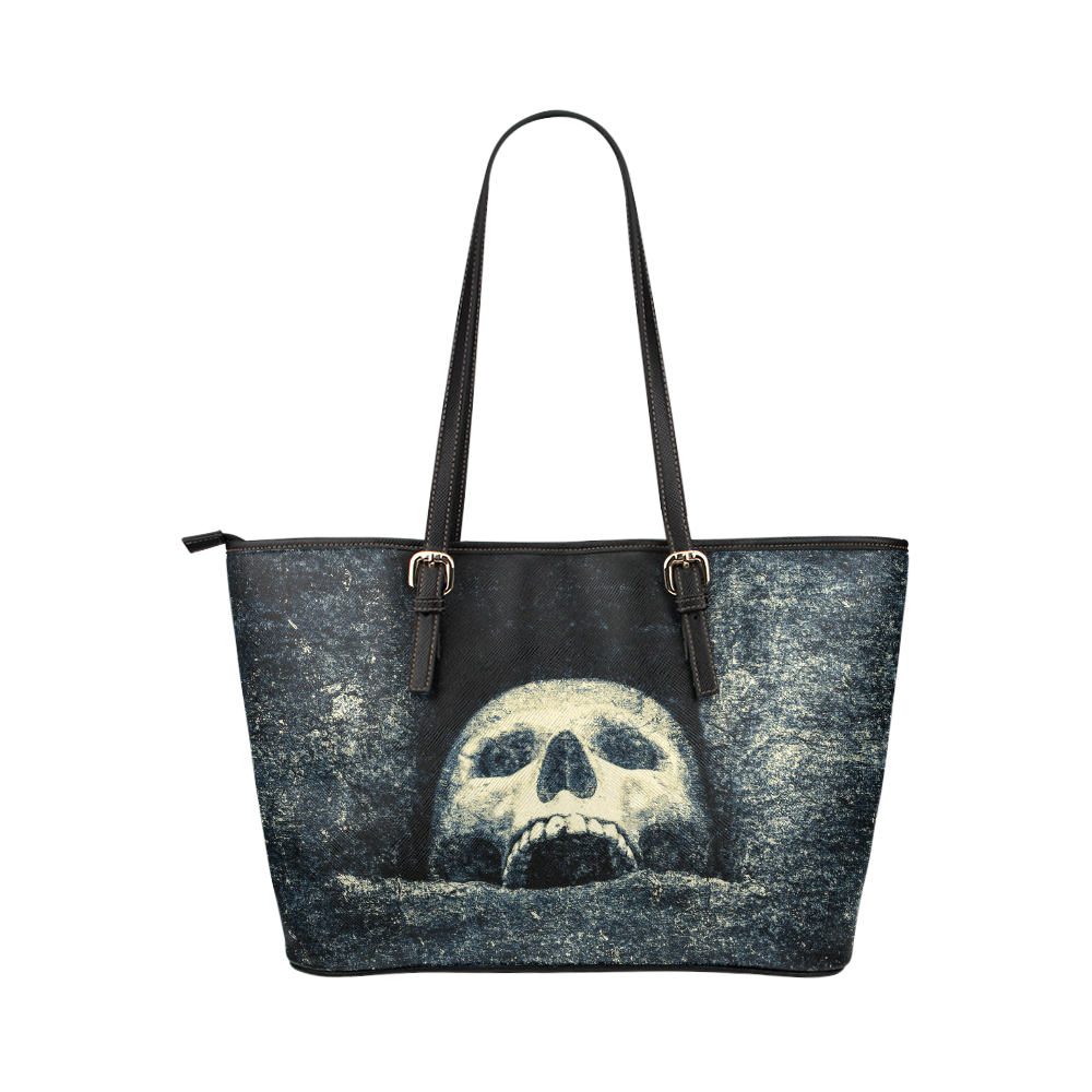 White Human Skull In A Pagan Shrine Halloween Cool Leather Tote Bag/Small (Model 1651)