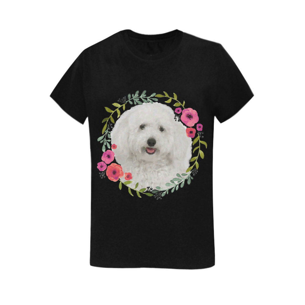Cute White Puppy Pink Floral Garland Women's T-Shirt in USA Size (Two Sides Printing)