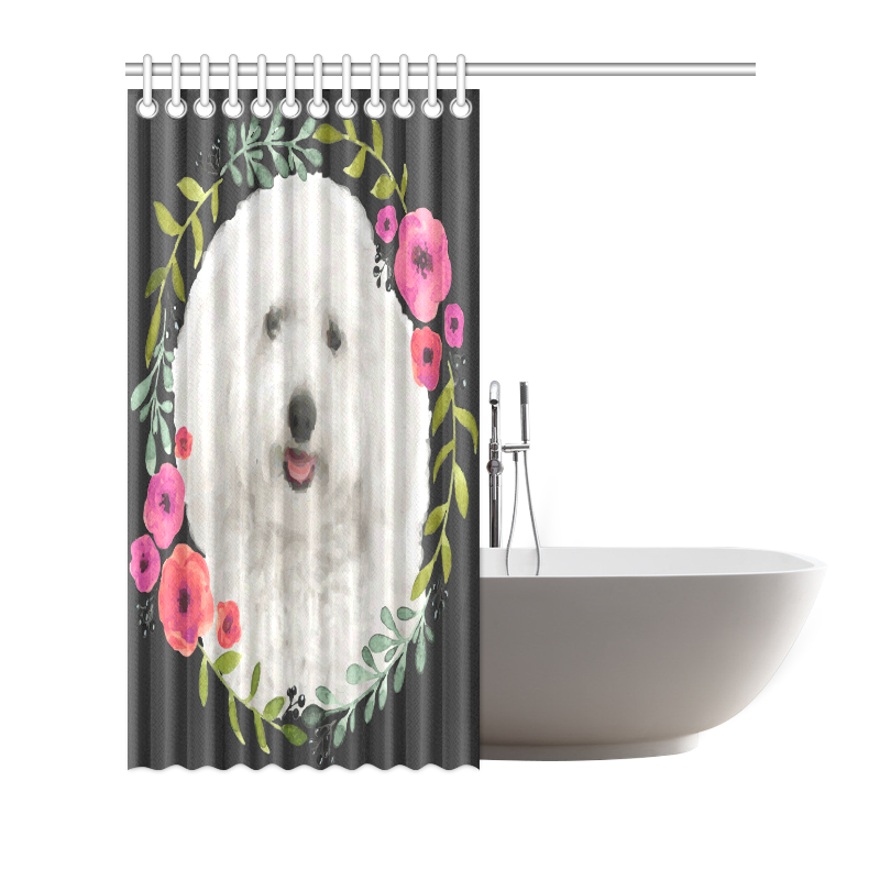 Cute White Puppy Pink Floral Garland Shower Curtain 72"x72"