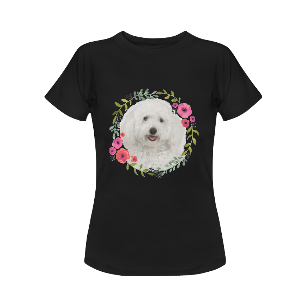 Cute White Puppy Pink Floral Garland Women's Classic T-Shirt (Model T17）
