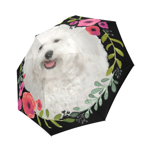 Cute White Puppy Pink Floral Garland Foldable Umbrella (Model U01)