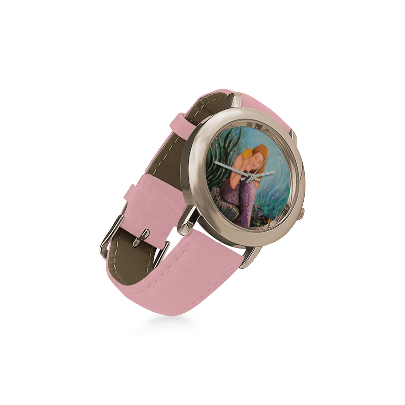 Mermaid Under The Sea Women's Rose Gold Leather Strap Watch(Model 201)