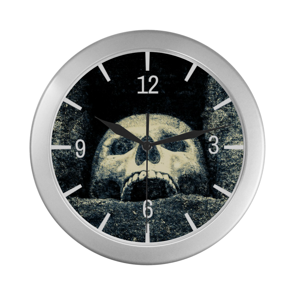 Halloween Gothic Horror Human Skull Wall Clock Silver Color Wall Clock