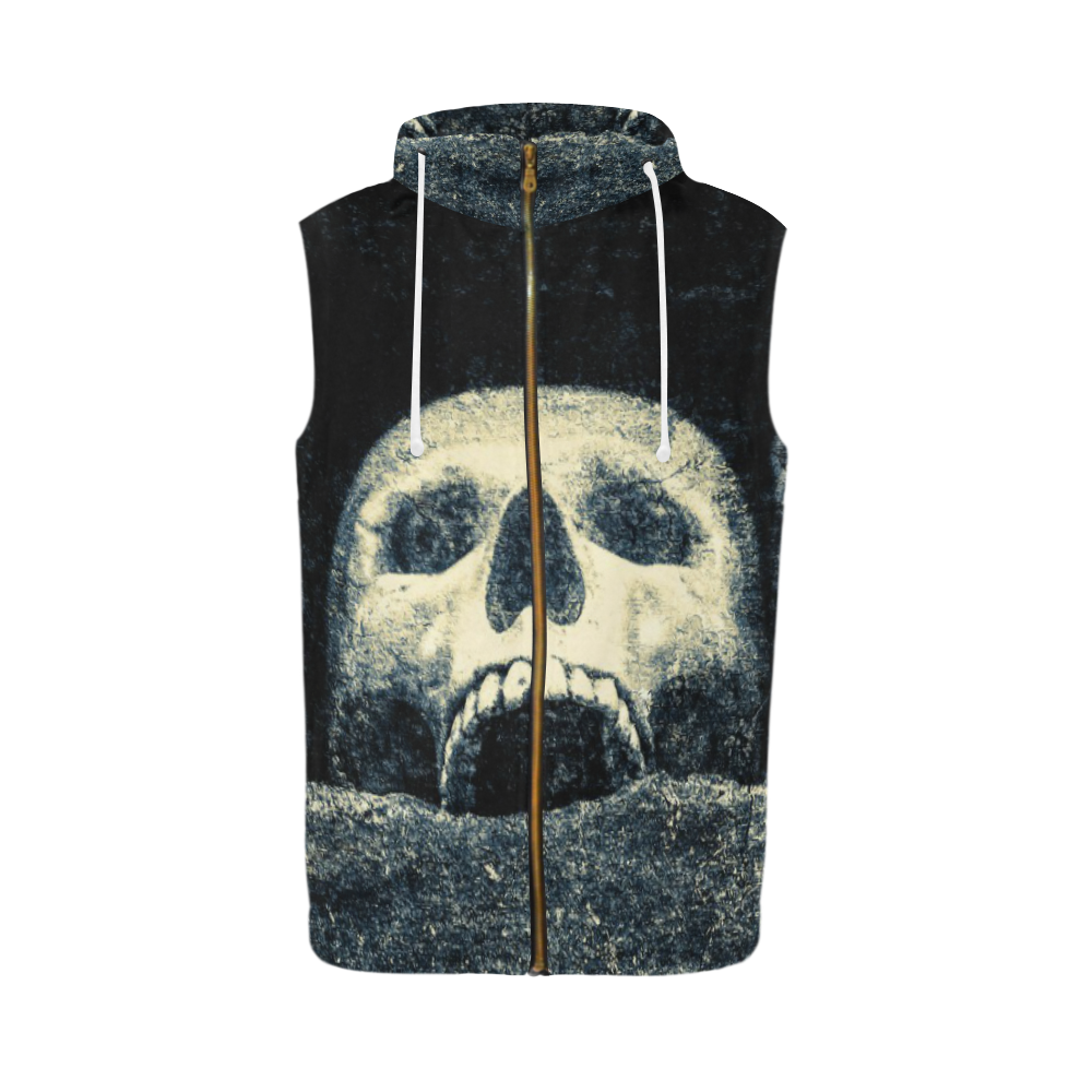 White Human Skull In A Pagan Shrine Halloween Cool All Over Print Sleeveless Zip Up Hoodie for Men (Model H16)