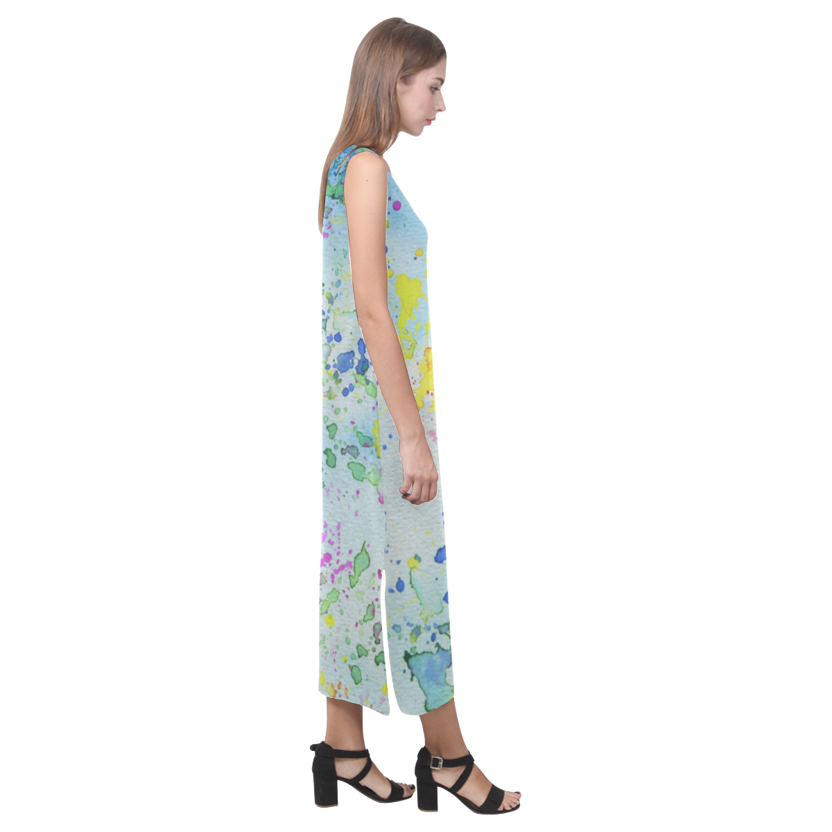 Watercolors splashes Phaedra Sleeveless Open Fork Long Dress (Model D08)