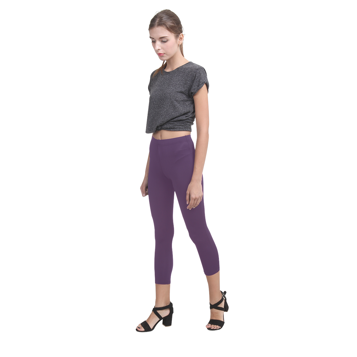 Precious Peacock Feathers Deep Purple Solid Color Capri Legging (Model L02)