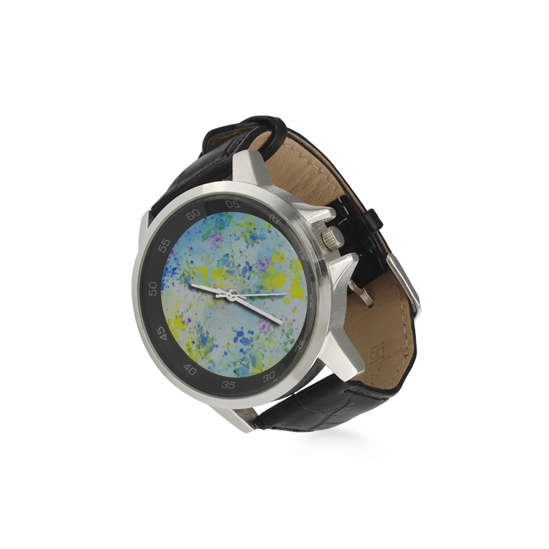 Watercolors splashes Unisex Stainless Steel Leather Strap Watch(Model 202)