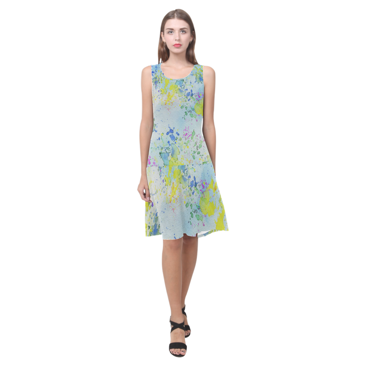 Watercolors splashes Sleeveless Splicing Shift Dress(Model D17)