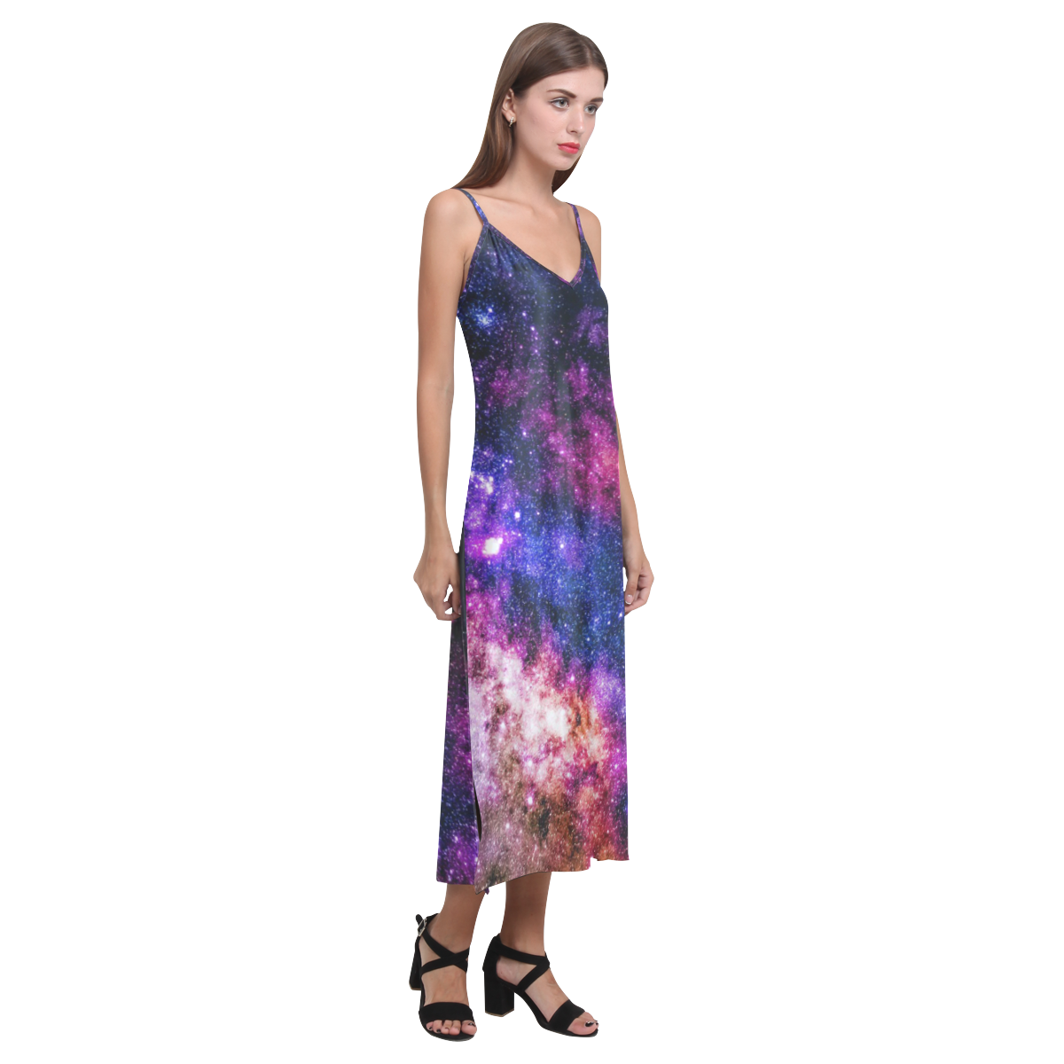 galaxy V-Neck Open Fork Long Dress(Model D18)