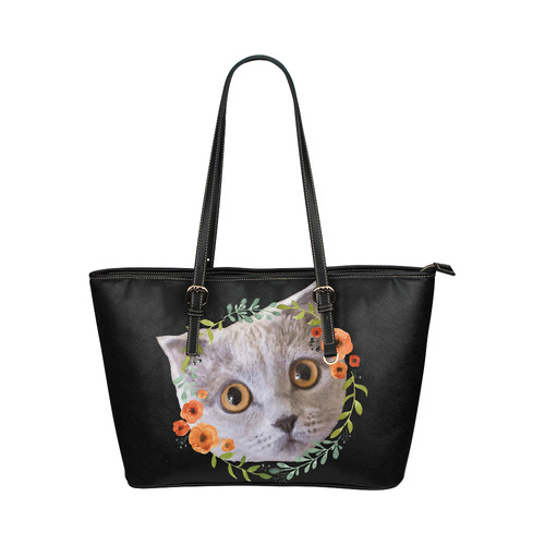 Cute Grey Kitten Floral Cat Watercolor Leather Tote Bag/Large (Model 1651)