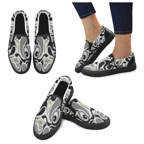 Retro Abstract Swirl Doodle in Black and White Slip-on Canvas Shoes for Men/Large Size (Model 019)