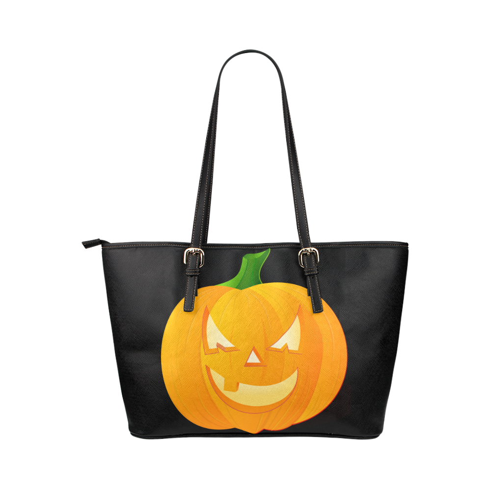 Halloween Pumpkin With Evil Grin Leather Tote Bag/Large (Model 1651)