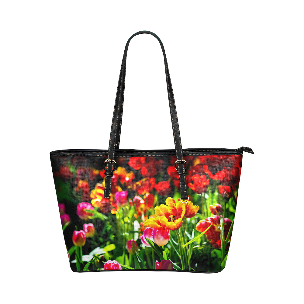 Colorful tulip flowers chic spring floral beauty Leather Tote Bag/Small (Model 1651)