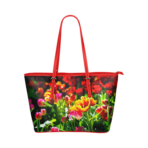 Colorful tulip flowers chic spring floral beauty Leather Tote Bag/Large (Model 1651)
