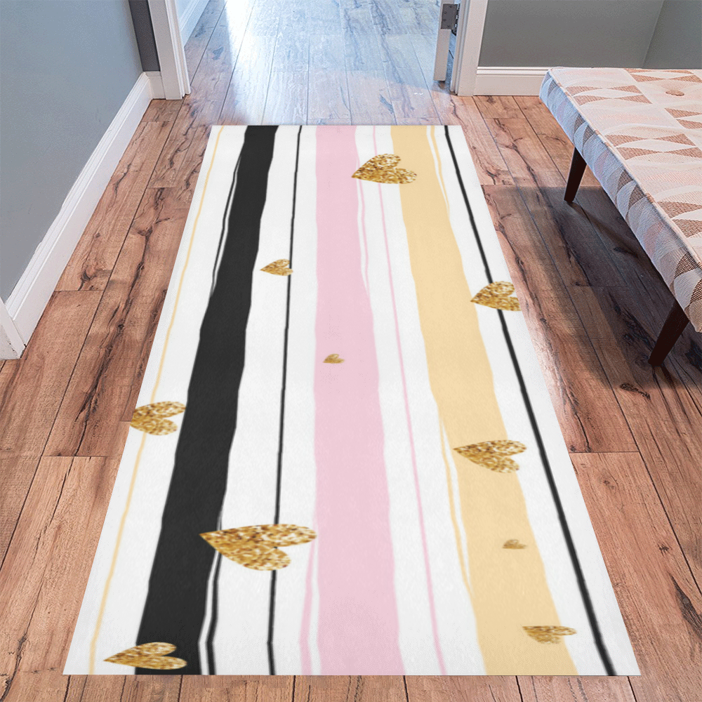 Gold Hearts Pink Stripes Cute Cool Area Rug 9'6''x3'3''