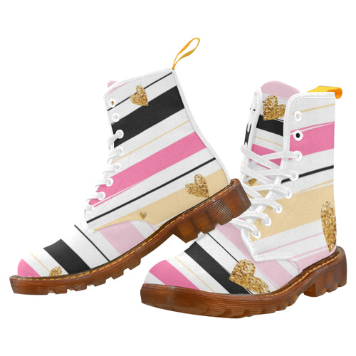 Gold Hearts Pink Stripes Cute Cool Martin Boots For Women Model 1203H