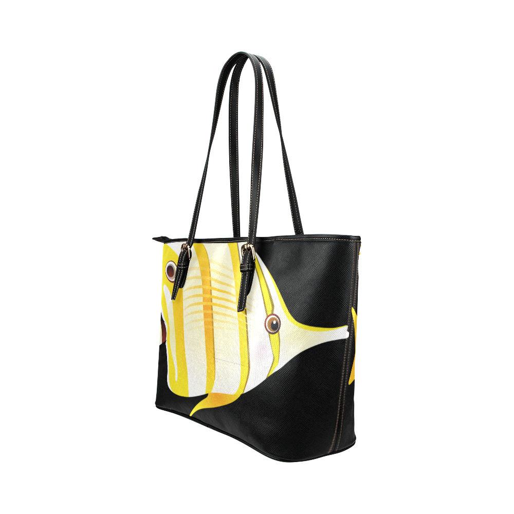 Yellow Stripes Long Nose Butterfly Fish Leather Tote Bag/Large (Model 1651)