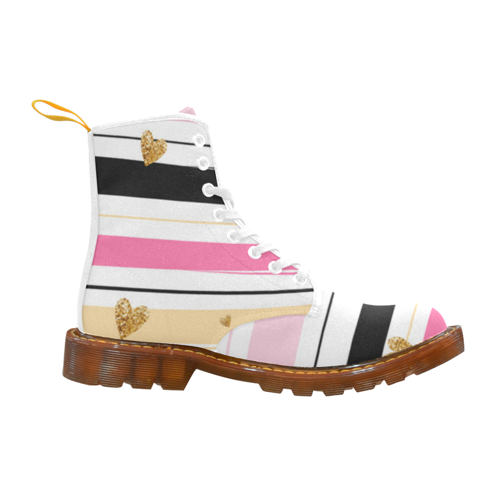 Gold Hearts Pink Stripes Cute Cool Martin Boots For Women Model 1203H