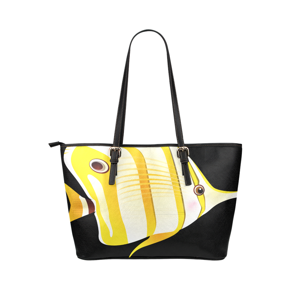 Yellow Stripes Long Nose Butterfly Fish Leather Tote Bag/Small (Model 1651)