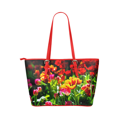 Colorful tulip flowers chic spring floral beauty Leather Tote Bag/Large (Model 1651)