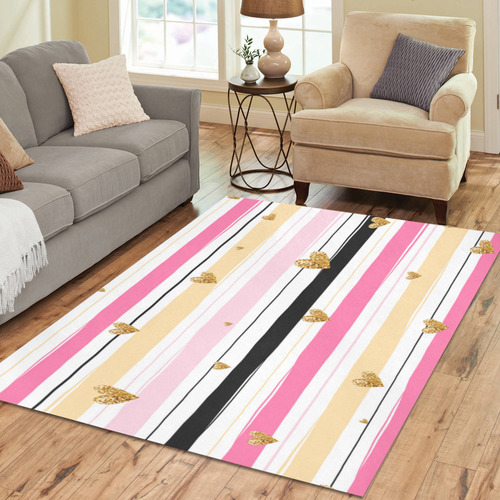 Gold Hearts Pink Stripes Cute Cool Area Rug7'x5'