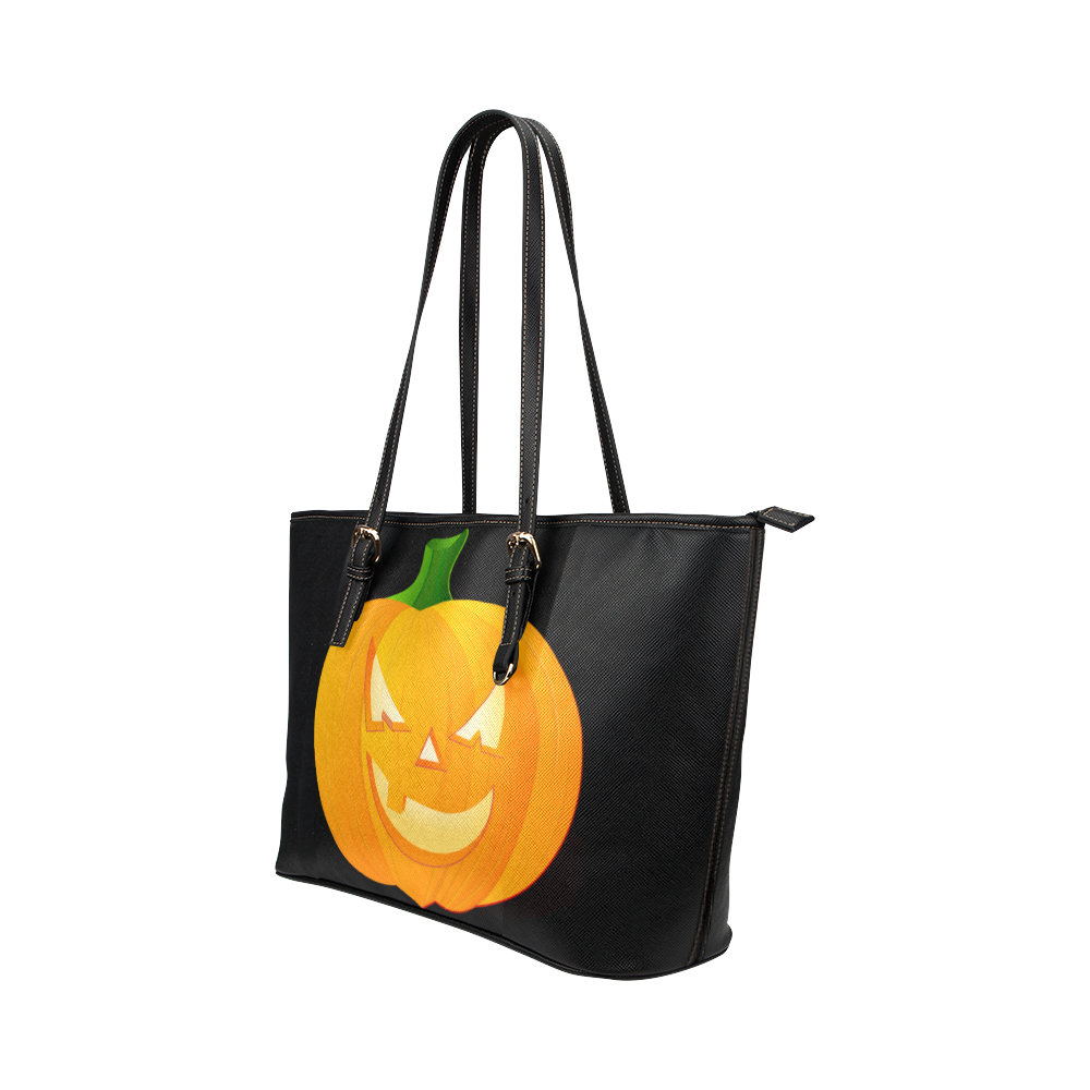 Halloween Pumpkin With Evil Grin Leather Tote Bag/Large (Model 1651)