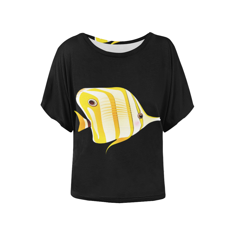 Yellow Stripes Long Nose Butterfly Fish Women's Batwing-Sleeved Blouse T shirt (Model T44)