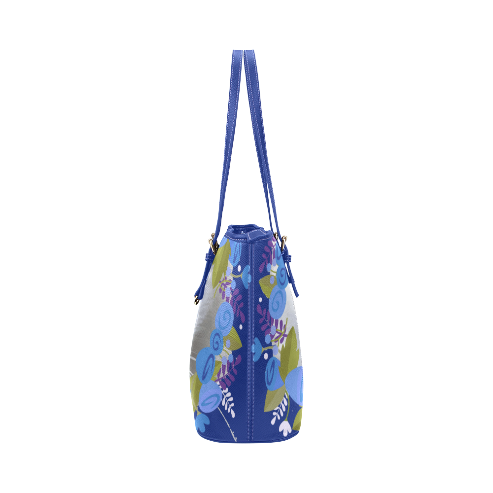 Beautiful Cat Blue Eyes Floral Watercolor Leather Tote Bag/Large (Model 1651)