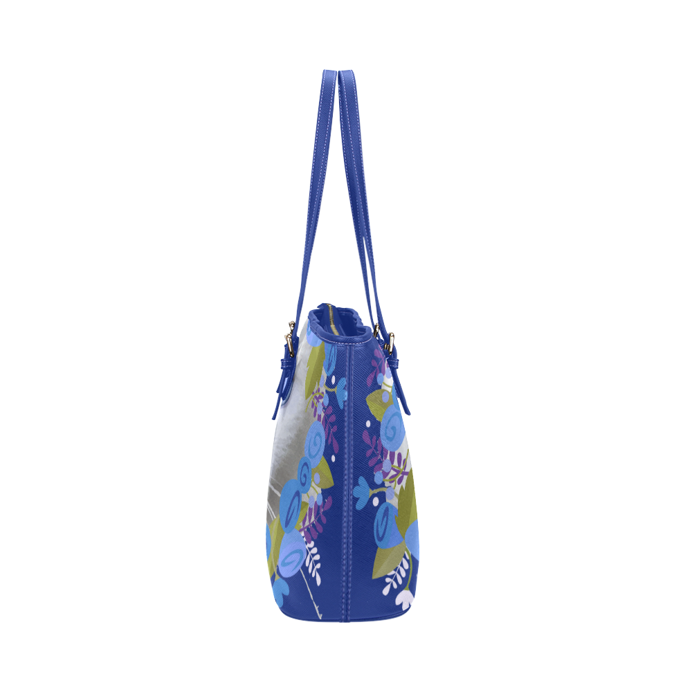 Beautiful Cat Blue Eyes Floral Watercolor Leather Tote Bag/Large (Model 1651)