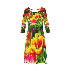 Tulip Flower Colorful Beautiful Spring Floral Elbow Sleeve Ice Skater Dress (D20)