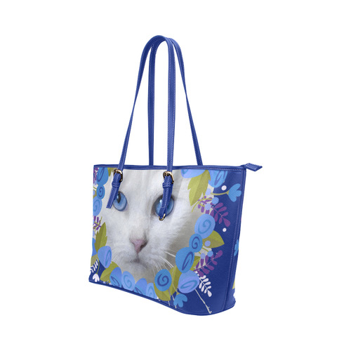 Beautiful Cat Blue Eyes Floral Watercolor Leather Tote Bag/Large (Model 1651)