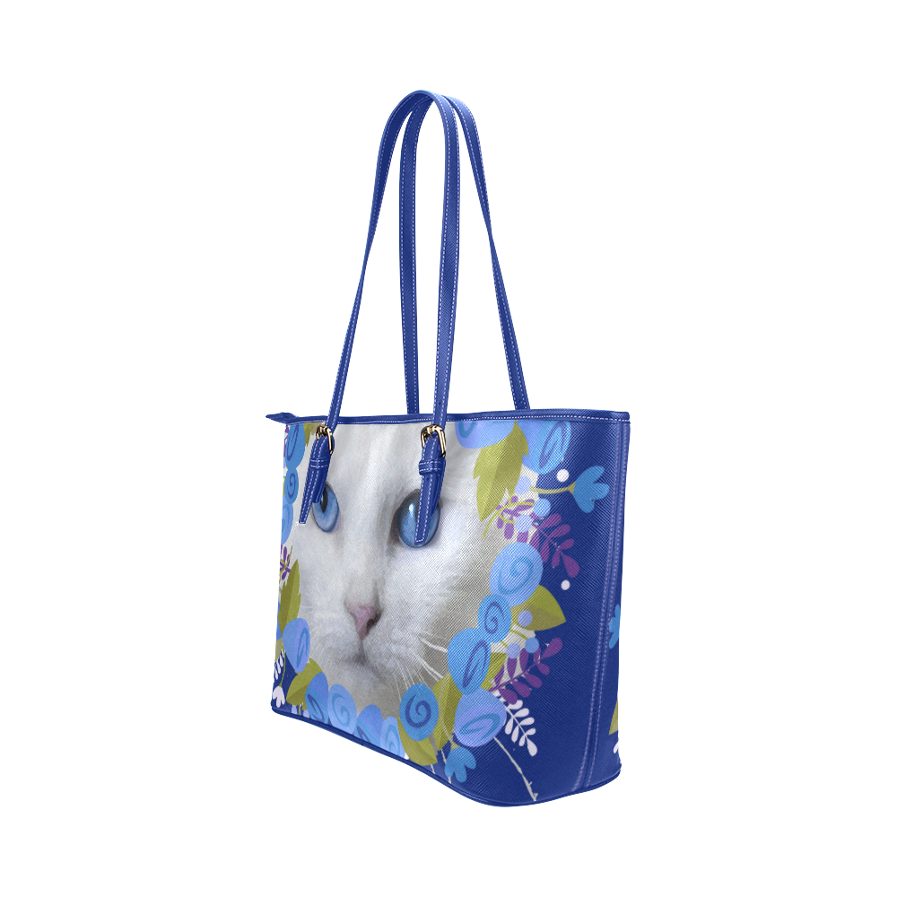 Beautiful Cat Blue Eyes Floral Watercolor Leather Tote Bag/Large (Model 1651)
